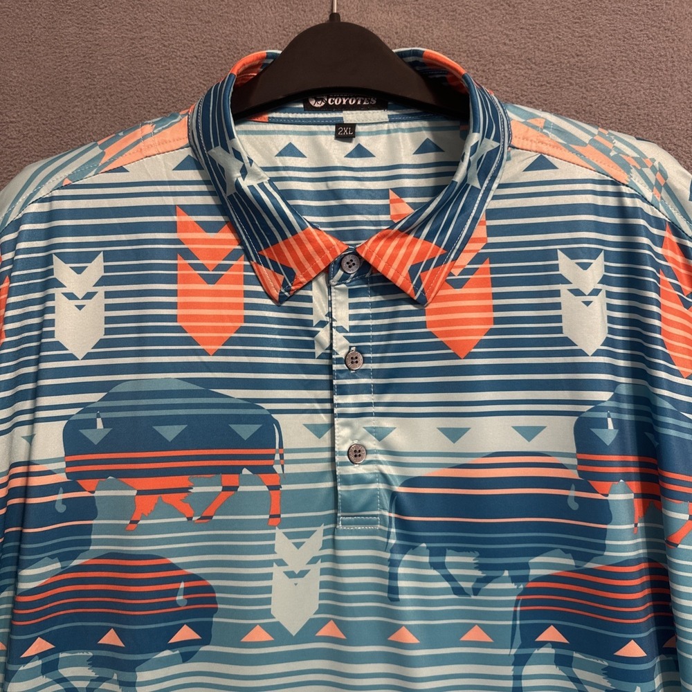 Raised by Coyotes Performance Polo Shirt Western Bufallo Print AOP Golf Mens 2XL